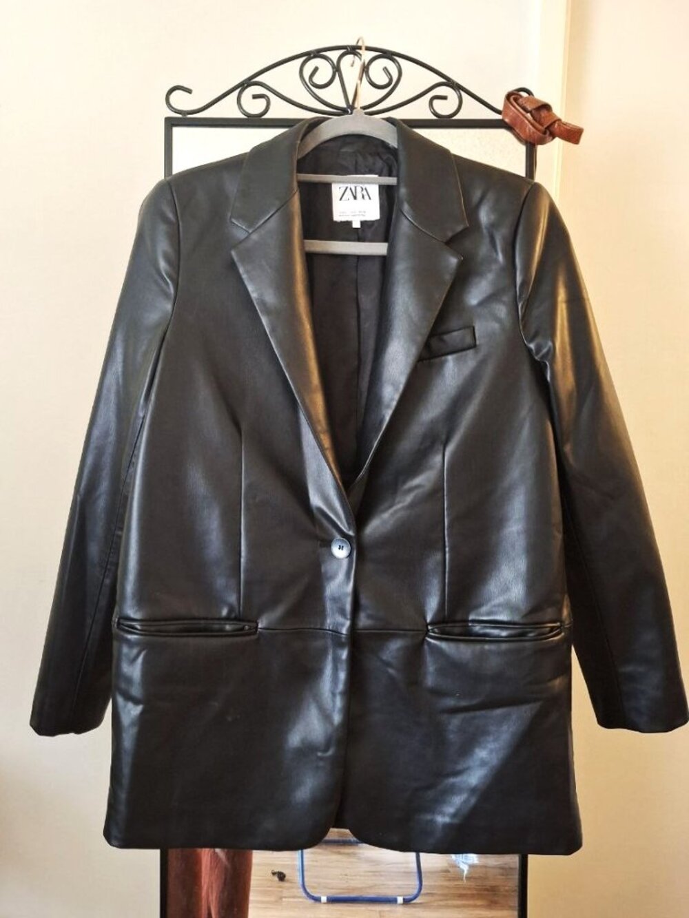 ZARA Faux Leather Blazer Jacket Black Single Button Longline Size S - Picture 2 of 8